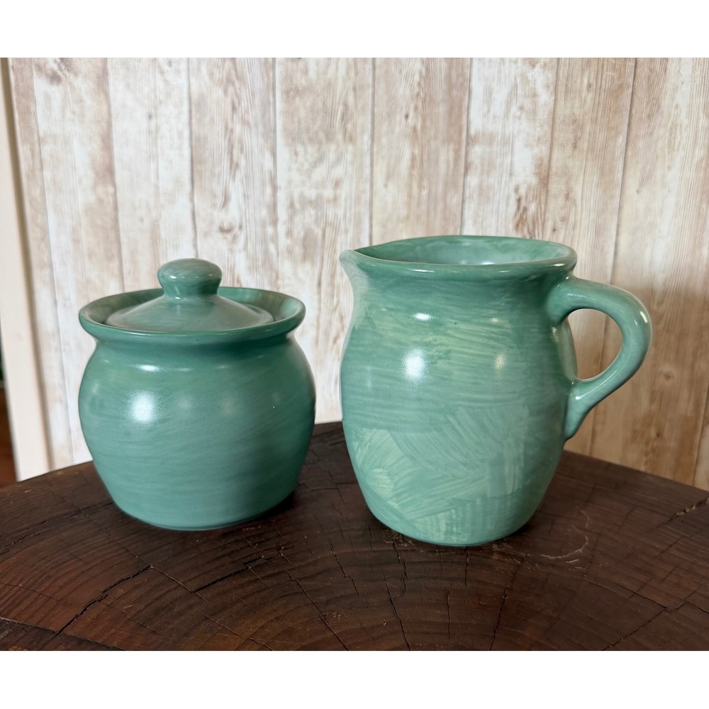 Vintage Pfaltzgraff Sage Green Creamer and Sugar Bowl Set Stoneware 5 Inch